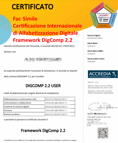 DigComp Fac Simile Certificazione Internazionale di Alfabetizzazione Digitale